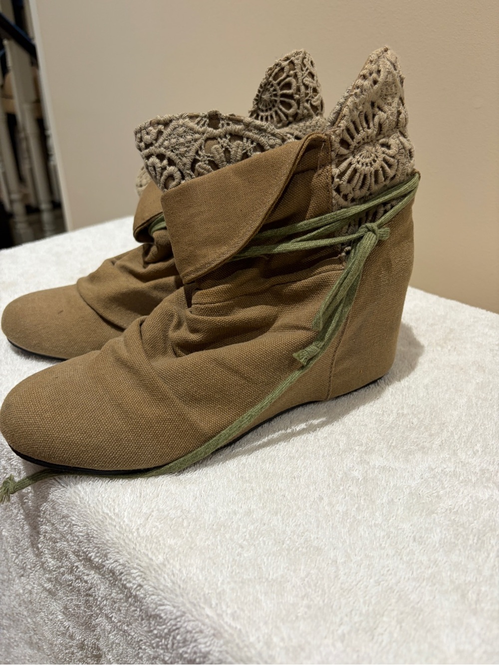 Aldo Tan Canvas Wedge Booties with Crochet Collar